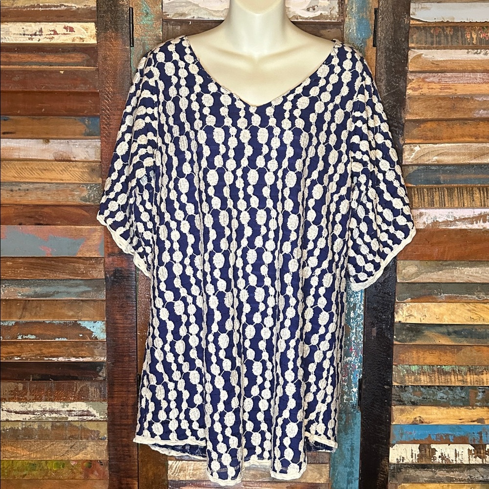 Umgee Blue and White Tunic Womens S Blue Beige Boho Festival Short Bell Sleeve